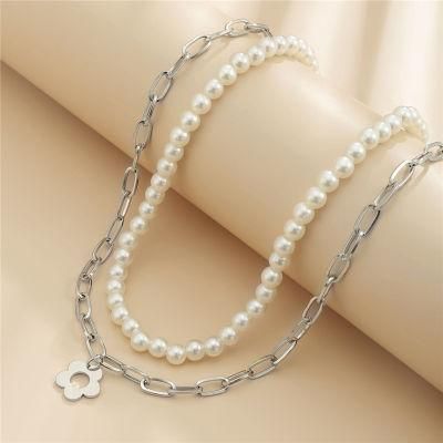 Fashion Jewelry Multi 2 Layers Pearl Choker Necklace with Stainless Steel Link Chain Necklace with Flower Pendant