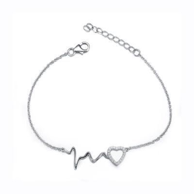 Hot Trendy Rhodium Plating Heartbeat Lifeline Pulse Open Heart Link Adjustable Bracelet