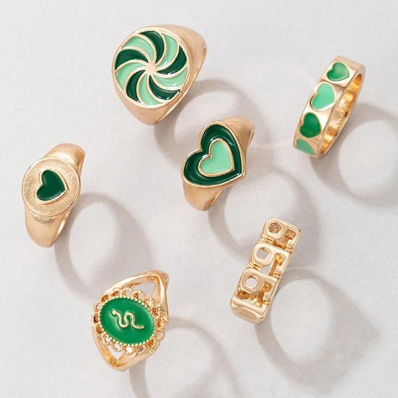 Wholesale 6PCS/Set Punk Finger Rings Statement Green Enamel Gold Plated Stacking Rings with Candy Heart Snake Epoxy Patterns 1999 Year Fashion Women Ring