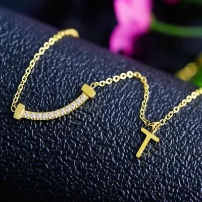 Hip-Hop Female Jewelry, Cross-Border Hot Sales, Stainless Steel Jewelry Factory Wholesale, Diamond-Studded Smile T-Letter Necklace