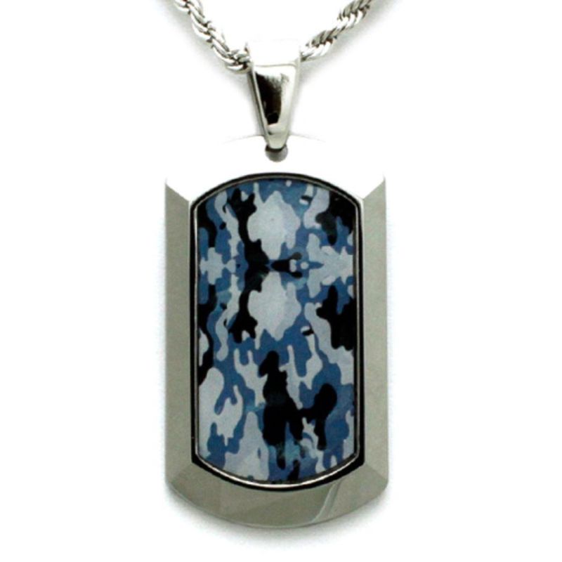 Tungsten Colorful Camo Dog Tag Pendant with 3 mm Rope Chain Necklace