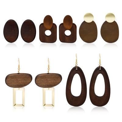Vintage Geometry Bohemian Style Water Drop Wood Pendant Earrings