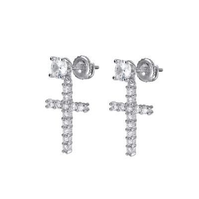 Big Mens 18K Gold Cubic Zirconia Cross Dangle Long Earrings