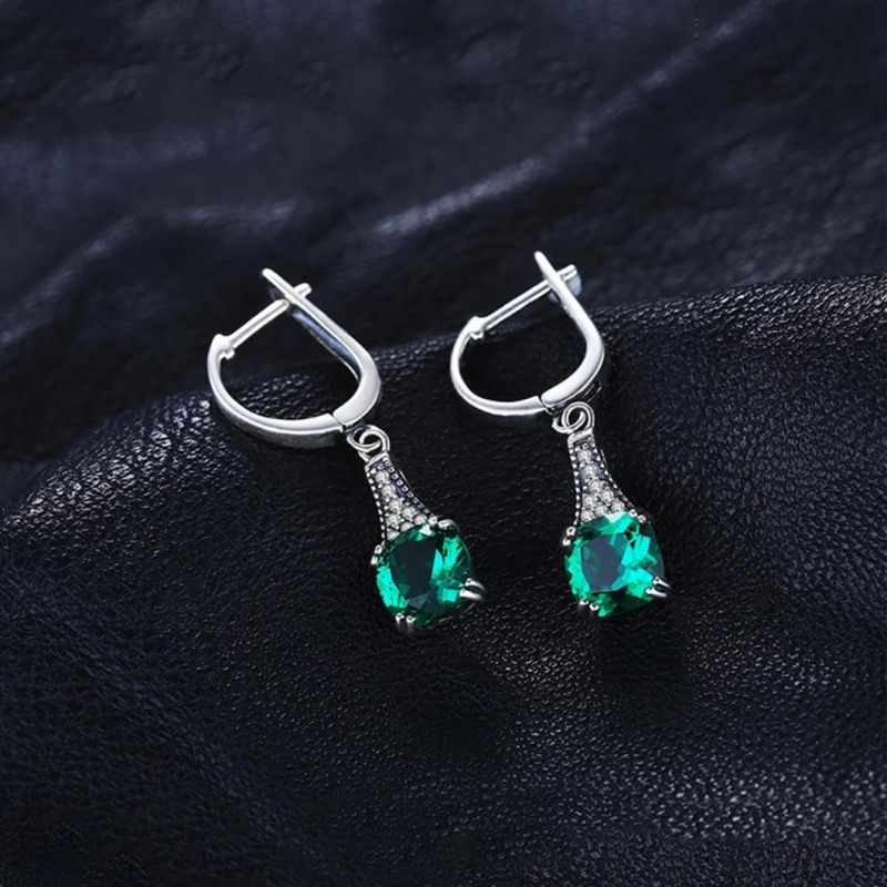Vintage Cushion Nano Russian Simulated Emerald Dangle Earring 925 Sterling Silver Jewelry