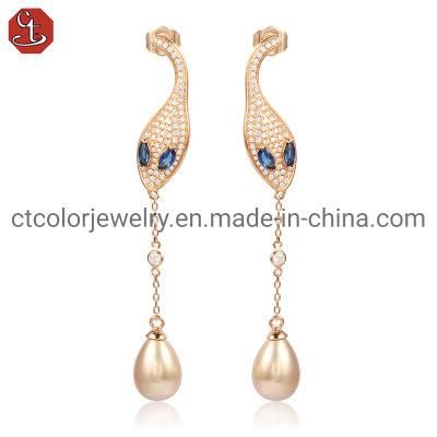 925 Sterling Silver or Brass Fine Jewelry Blue Crystal Pearl Earrings for Women