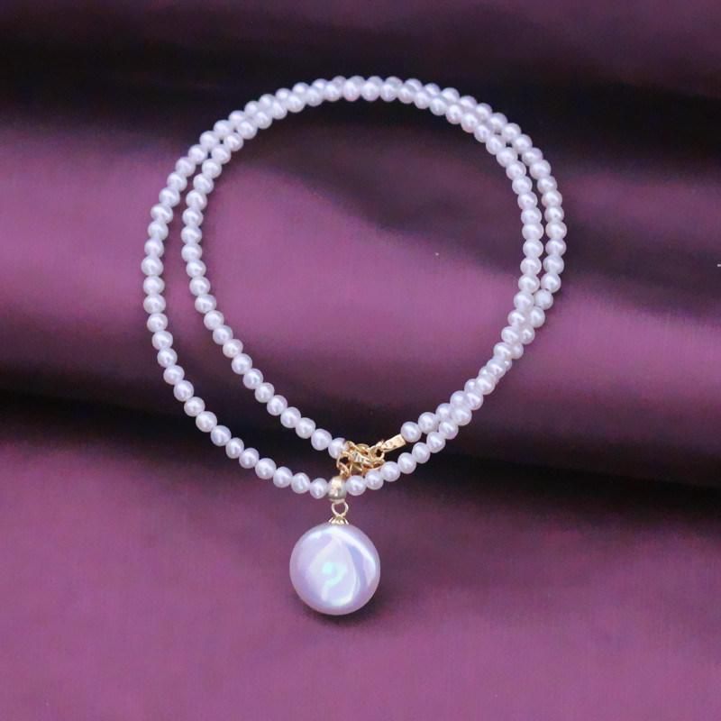 Fashion Small Round Genuine Cultured Freshwater Pearl Necklace with Pendant (XL120059)