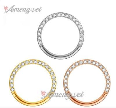 316L Surgical Stainless Steel Body Jewelry Nose Ring Segment Clicker AAA CZ Paved