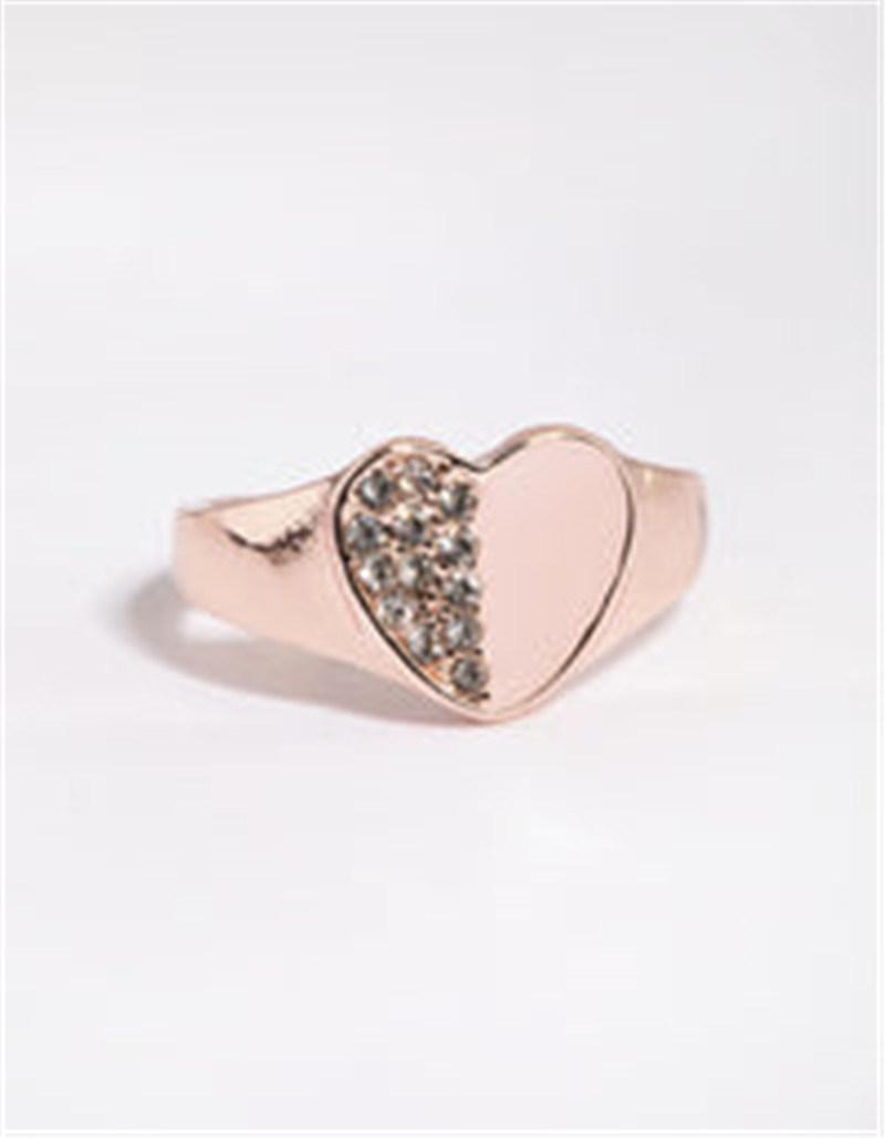 Rose Gold Diamante Zinc Heart Ring with Glass Stone for Women Fashion Jewellery