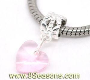Silver Plated Pink Crystal Glass Heart Charm Dangle Beads Fit European Charm 24x10mm (B14870)