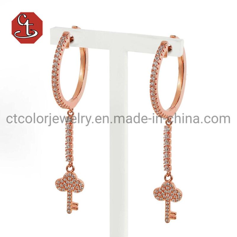 New 2021 long Tassels CZ Pave Huggie Hoop Dangle Small Key Drop Earrings Silver jewelry Brass Jewelry