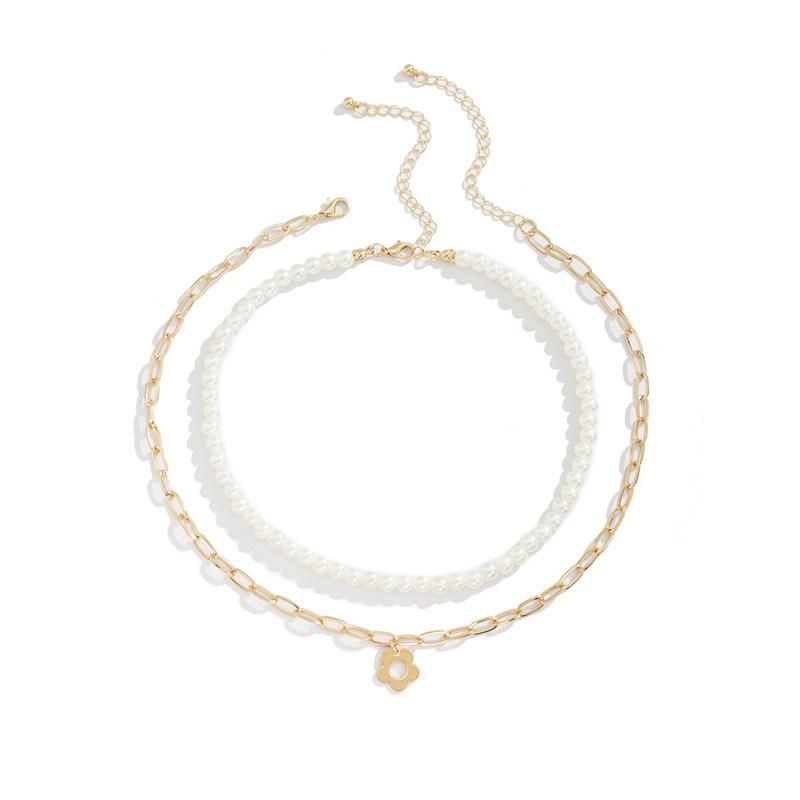 Fashion Jewelry Multi 2 Layers Pearl Choker Necklace with Stainless Steel Link Chain Necklace with Flower Pendant