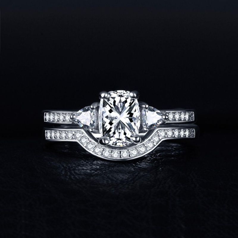 3 Stone Radiant Cut Cubic Zirconia Wedding Band Engagement Ring Sets 925 Sterling Silver Jewelry