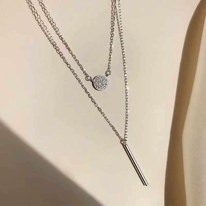 Long Strip Flashing Diamond Round Double Necklace Ladies Clavicle Chain Exquisite Jewelry
