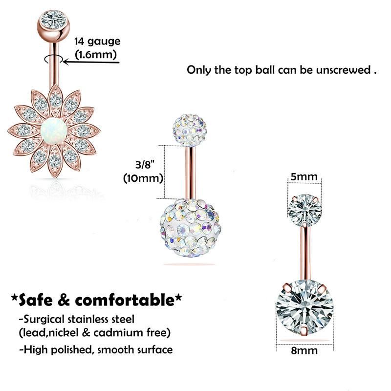 6PCS 14G Belly Button Rings Surgical Steel Navel Ring Barbell for Women Girls Body Piercing Jewelry Rose Gold Silver