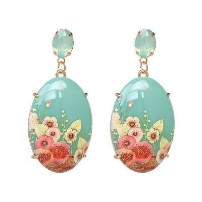 Fashion Jewelry Vintage Crystal Inlay Earrings Oval Resin Print Earrings