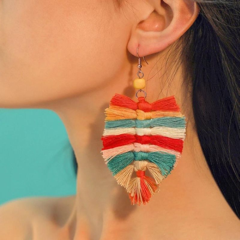 Hot Sale Bohemian Personalized Tassel Alloy Stone Big Hoop Summer Rainbow Leaf Earrings