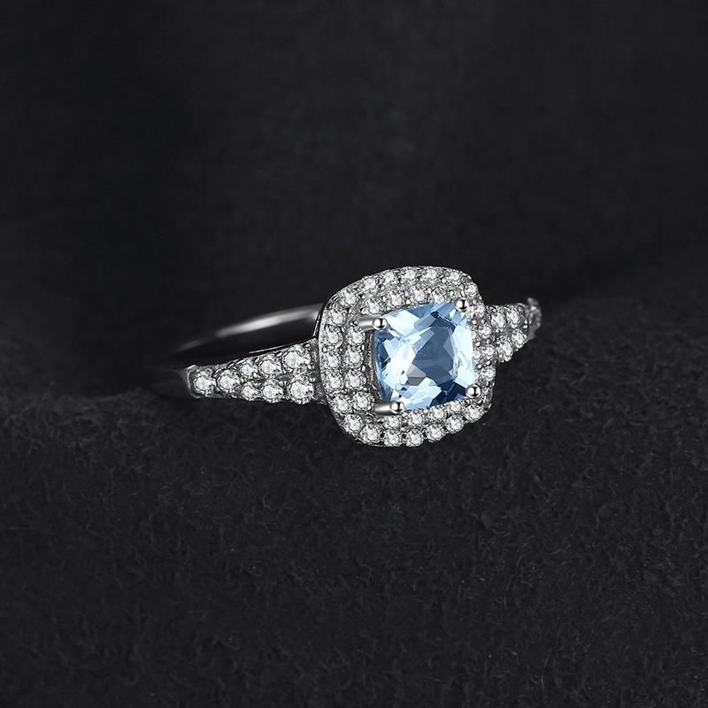 Synthetic Aquamarine Halo Engagement Ring 925 Sterling Silver Jewelry for Wedding