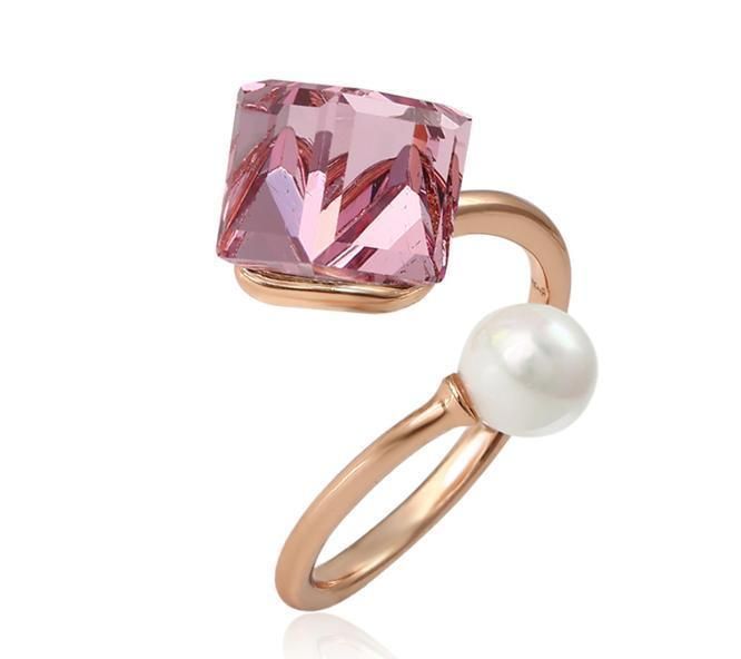 Jewelry Elegant Fashion High Design Generous Crystal Open Ring Pearl Adjustable Rose Gold Ring