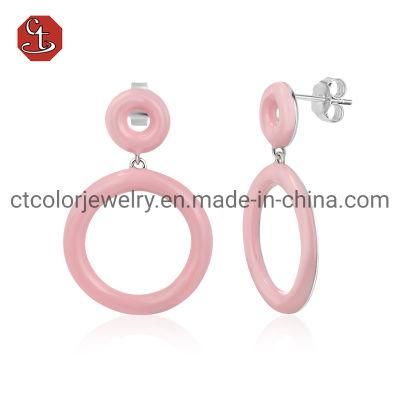Wholesale 925 Silver&Brass Pink circle Stud Earrings Women Enamel Stud Earring Jewelry