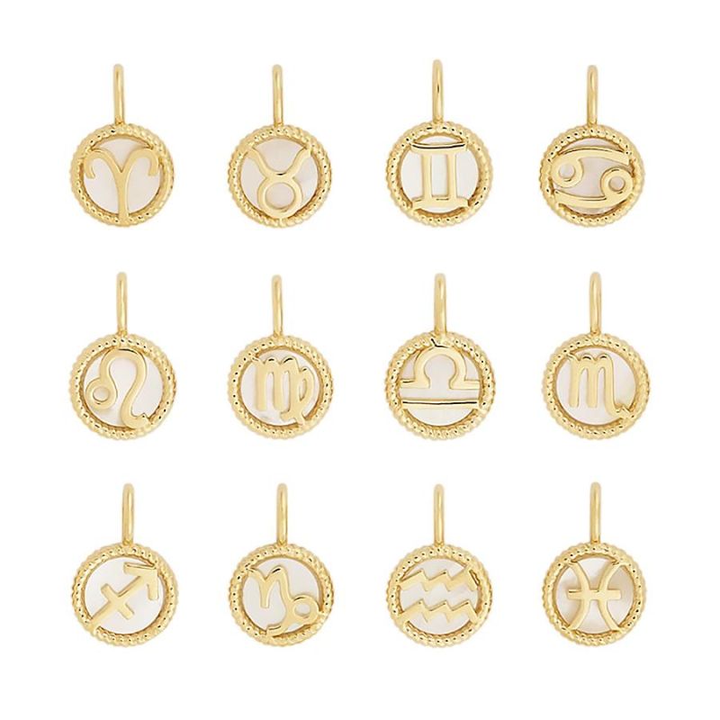 Customized Fashion Jewelry 18K Gold Plated 925 Sterling Silver Circle Mother of Pearl Gold Coin Zodiac Sign Pendants Charms