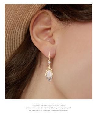 Delicate Korean Stylish Flower Shape Pendant Earrings with Pave Stones Pink Cat Eye Women Fashion Ears and Jewelry Gifts