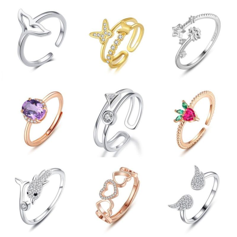 Real 925 Sterling Silver Geometric Zircon Fashion Adjustable Open Ring Women Wedding Ladies Girls Jewelry Gift