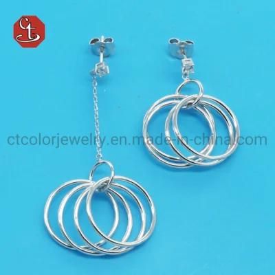 Small Bazel Stud long chain Many Round Circle Dangle Earring Silver Jewelry