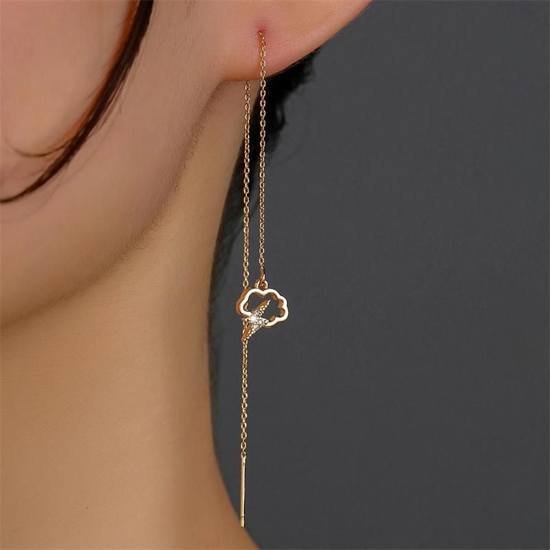 2022 Manufacture New Design Fashion 18K Gold Jewelry Brass CZ Cloud Lightning Unicorn Shape Pendant Drop Long Thread Line Threader Earrings for Female Anniversa