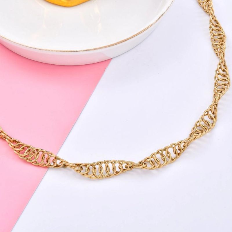 New Design Stainless Steel Fashion Jewelry IP Gold Coated Round Circle Links Chain Necklace 18inch for Lady