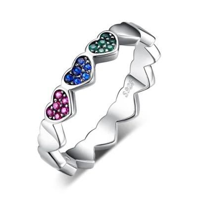 Created Ruby Nano Russian Simulated Emerald Created Blue Spinel Hearts Stackable Rings Jewelry 925 Sterling Silver