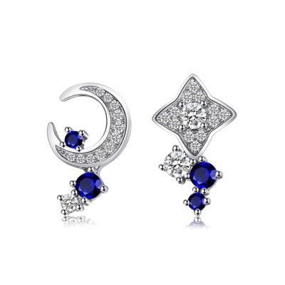 Moon and Star Created Blue Sapphire Asymmetric Studs Earrings Sterling Silver Jewelry