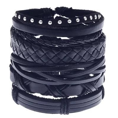 Leather Cuff Bracelet for Men and Women Punk Rock Braided Bracelet Via Brown Black Wristband Handmade Jewelry 4 Pieces