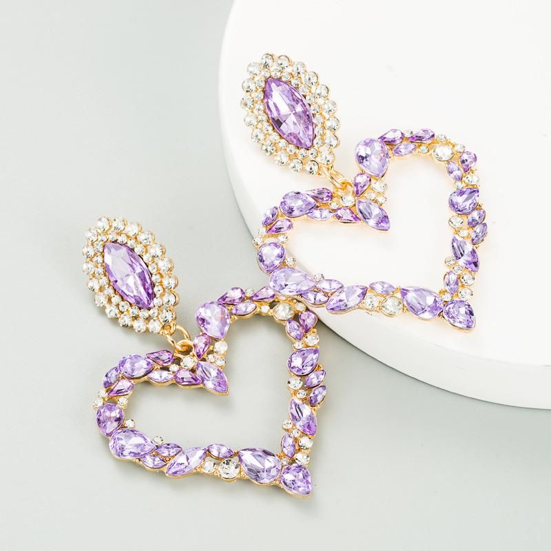 Heart-Shaped Alloy Inlaid Colored Diamonds Retro Temperament Exaggerated Earrings Female Korean Version of The Trendy Super Flash Full Diamond Earrings