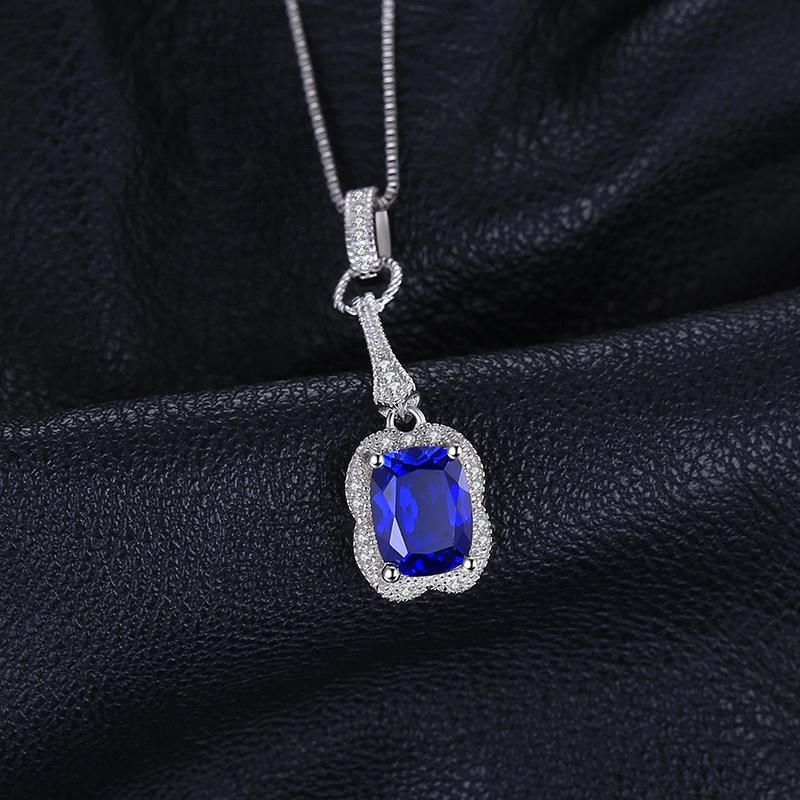 Created Blue Sapphire Pendant Necklace Elegant Rectangle 925 Sterling Silver Jewelry