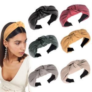 High Quality Luxury PU Bow Knot Wide Headband Plain Colour Shiny PU Hair Bands Accessories