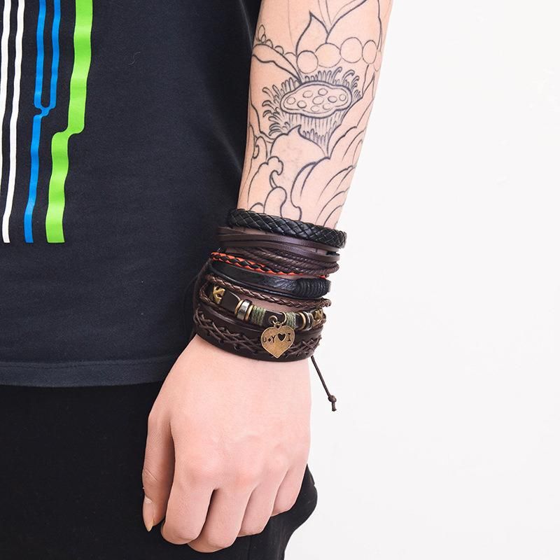 Leather Bracelets for Men Women Wrap Wood Beads Bracelet Woven Ethnic Tribal Rope Wristbands Bracelets Set Adjustable