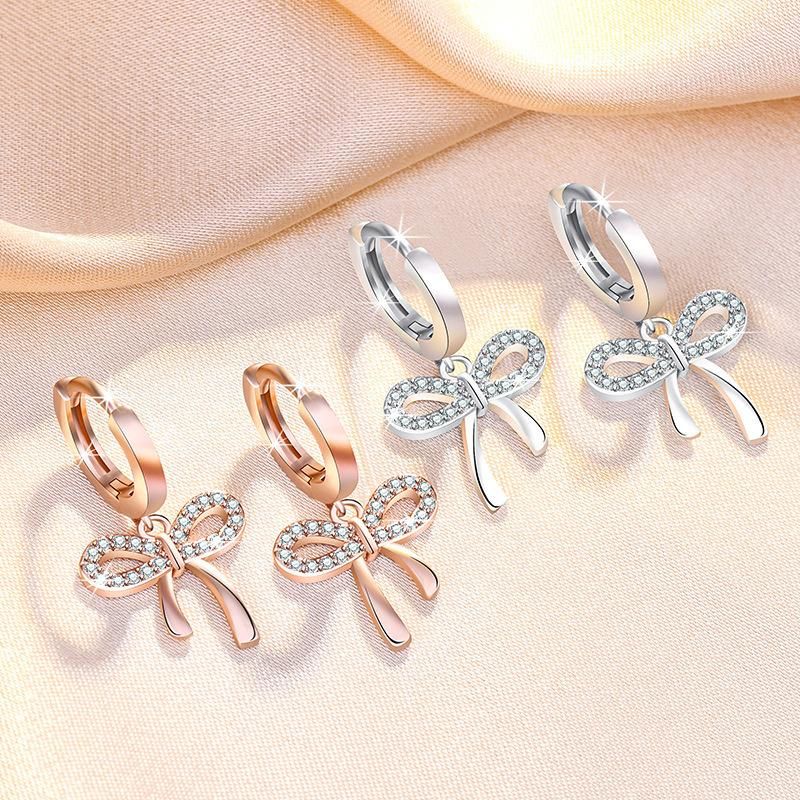 Cute Bow Ear Nail Dangle Hoop Earrings for Women Rose Gold Earring Hoops Jewelry