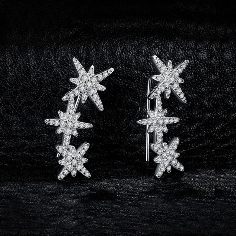 CZ Pave Cubic Zirconia Star Drop Dangle Earrings Hook 925 Sterling Silver