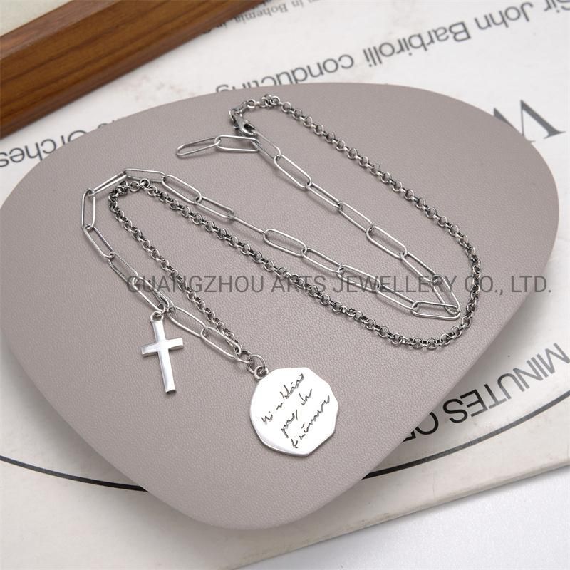 925 Sterling Silver Cross Geometric Round Pendant Punk Style Necklace