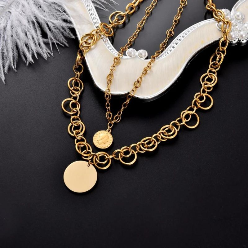 Fashion Gold Plated Circle Link Round-Shaped Charm Pendants 15inch, 22inch Layer Necklace for Men Women