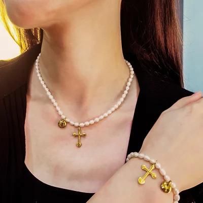 High Quality Not Fade PVD Gold Plated Jewelry Stainless Steel Cross Pendant Pearl Charming Necklace for Women Gift