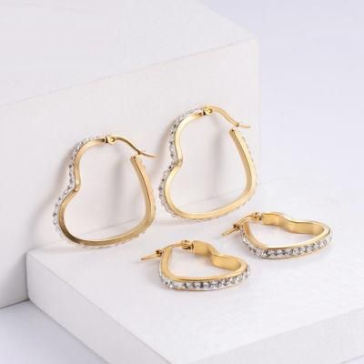 Custom Beautiful Designs Heart Shape Stainless Steel Gold Plated Diamond Big Hoop Earrings for Women
