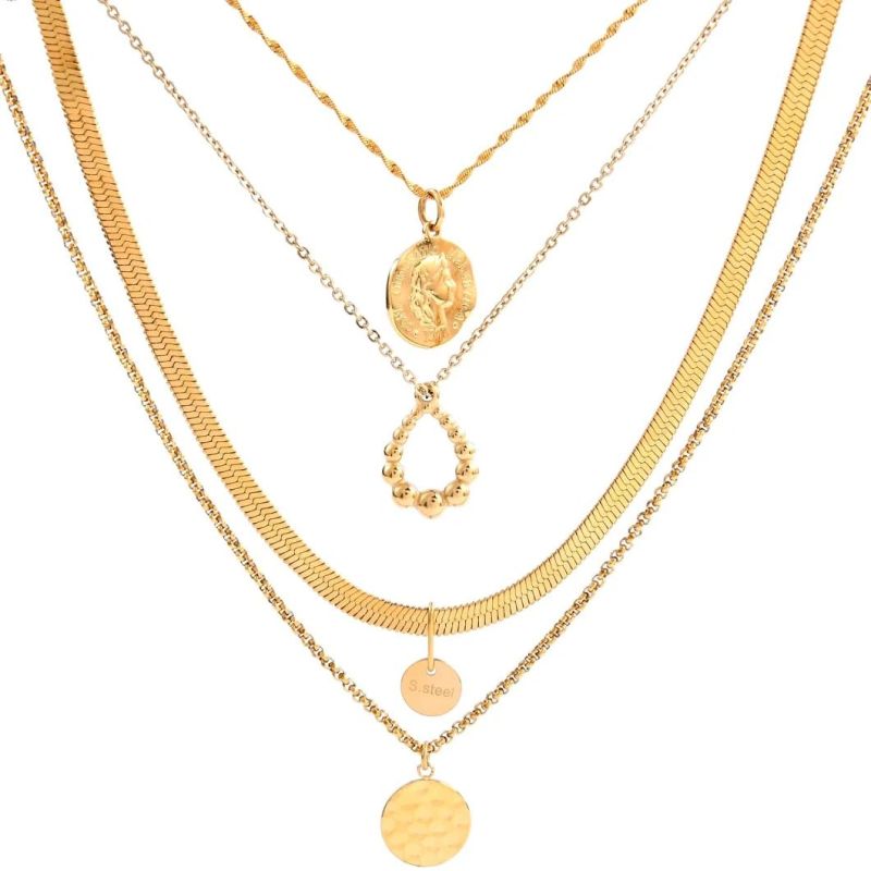 Fashion Layering Stainless Steel Gold Plated Necklace Mix Wearing Necklace Women Jewelry