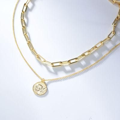 Fashion Women 18K Gold Plated Double Link Chain Coin Pendant Necklace