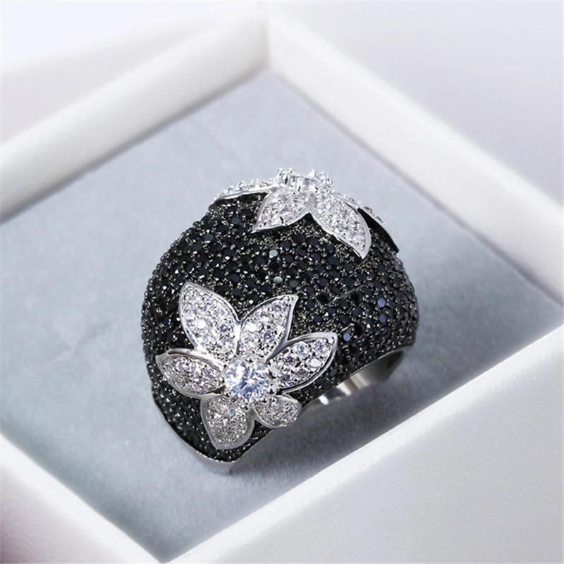 Vintage Exaggerated Flower Micro-Inlaid Zircon Ring Female Full Black Crystal Rings
