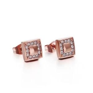 Geometric Square Rectangular Diamond-Set Gold-Plated Stainless Steel Earrings Stud