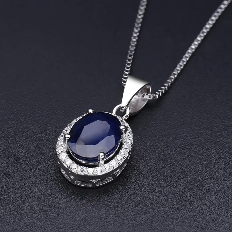 Natural Blue Sapphire Real 925 Sterling Silver Pendant Necklace for Women Necklace Costume Jewelry