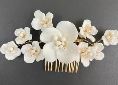 Wedding Bridal Ceramic Flower Crystal Hair Vines Headpiece Hair Comb for Brides