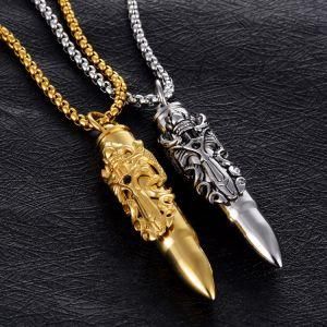 Gold Plated Stainless Steel Double Dragon Sword Bullet Pendant Necklace