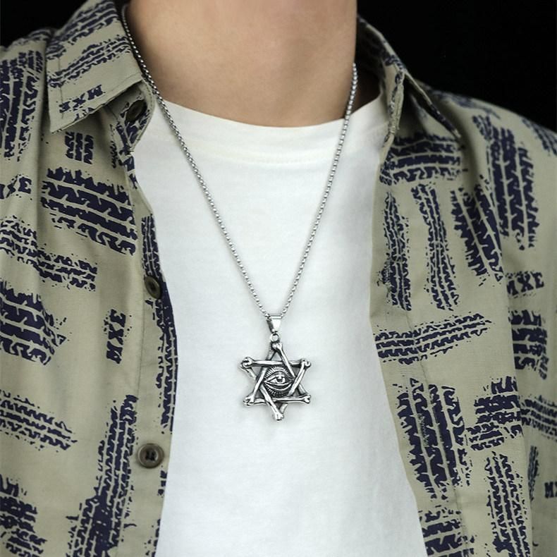 Hexagram Necklace for Men Stainless Steel Star of David Pendant Inlaid Religious Jewish Jewelry